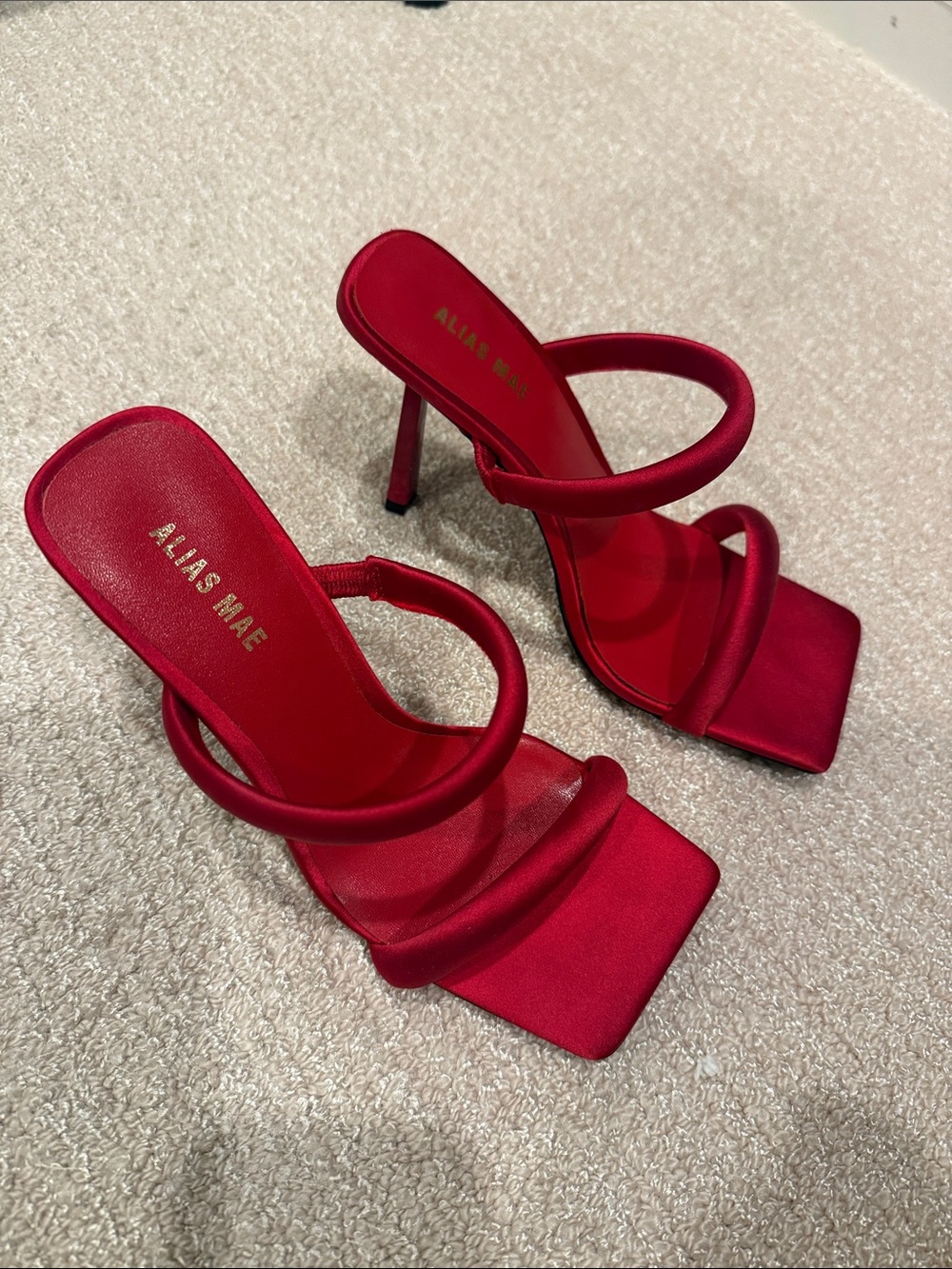 Alias Mae Red Satin Square-Toe Stiletto Sandals